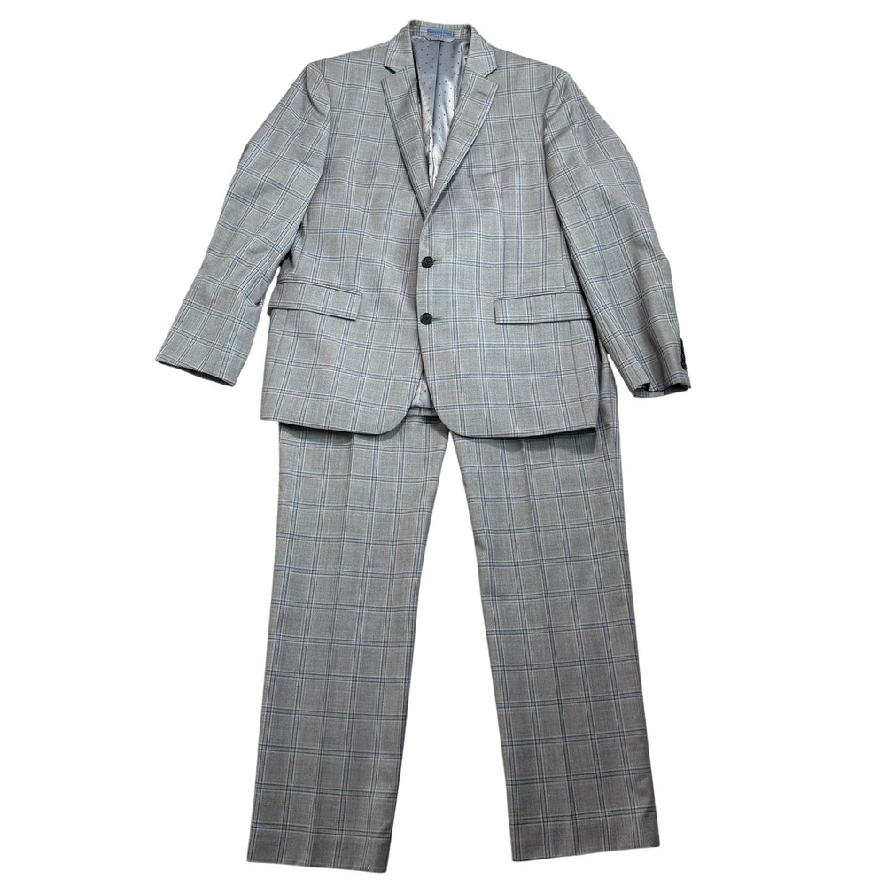 RYAN SEACREST DISTINCTION Men's 44R W38 Grey Glen Plaid Wool Blend 2 Piece Suit